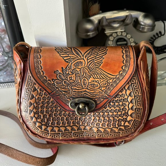 Vintage Handbags - Vintage Hand Tooled Leather Crossbody